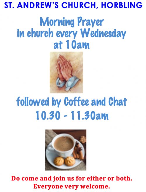 Morning Prayer every Wednesday at 10am, followed by Coffee and Chat 10.30-11.30am